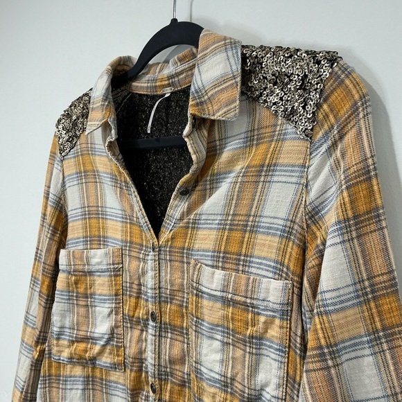 Free People Yellow Plaid Sequin Button Down Shirt - Picture 3 of 9
